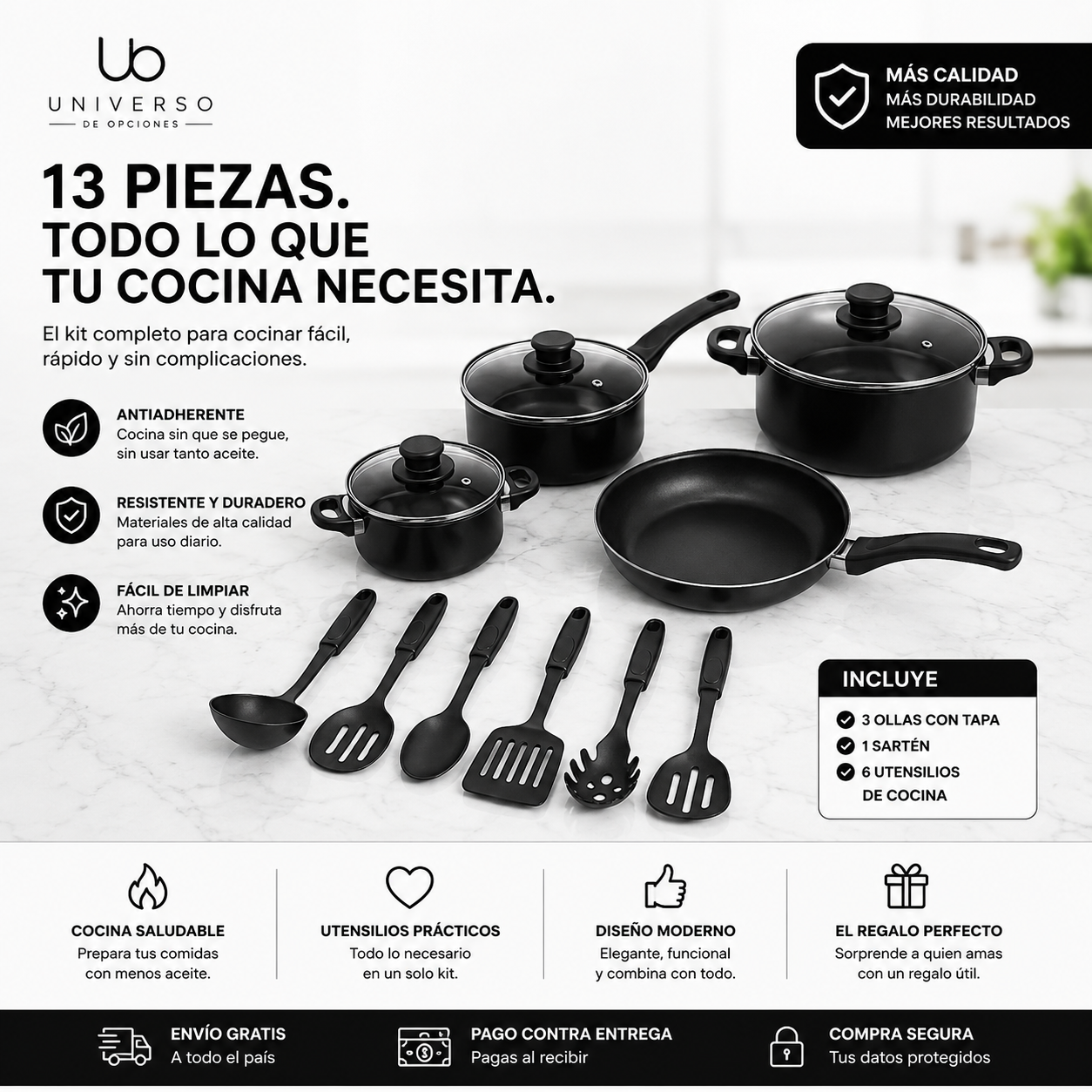 Set de Ollas Antiadherentes de 13 Piezas + REGALO GRATIS🎁 | Cocina Fácil y Moderna