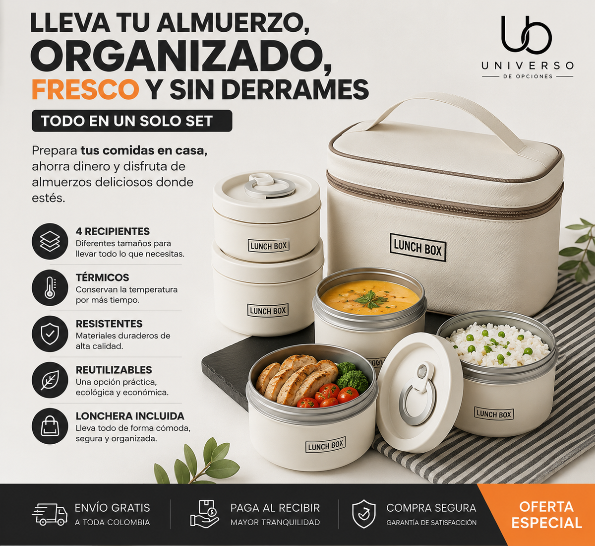 ¡Lleva Tu Comida Caliente, Fresca y Sin Derrames a Donde Quieras! 🔥l Set x4 Porta-Comidas Térmicos + Lonchera